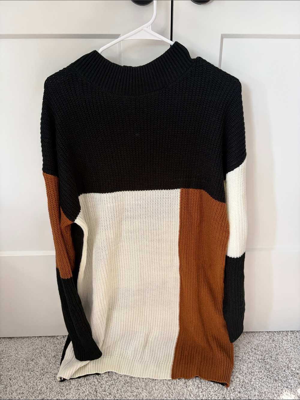 Colorblock Knit Sweater Dress - Black, Cream & Brown